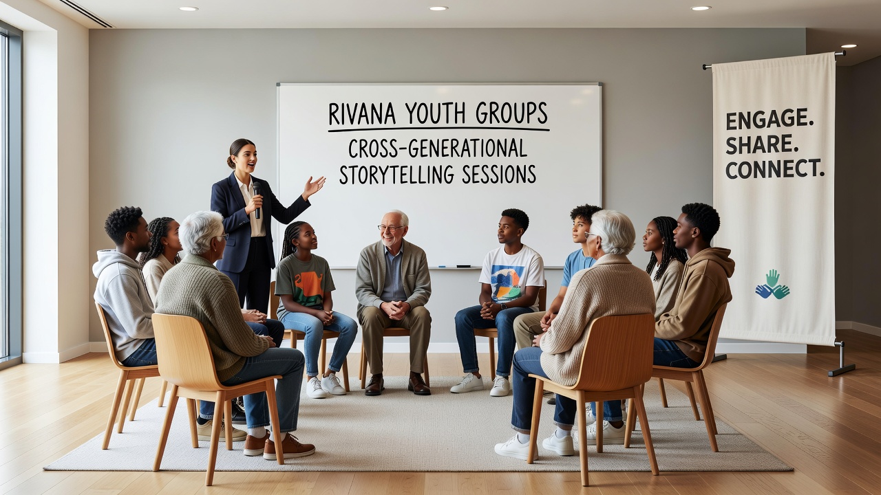 Close-up of participants in a Rivana storytelling circle, with a young person listening intently to an elder recounting a family memory