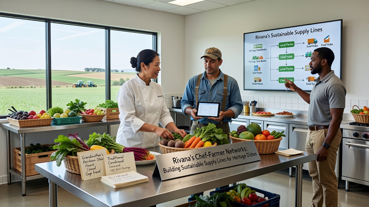 Group of chefs and farmers discussing crop plans around a wooden table loaded with freshly picked heritage produce