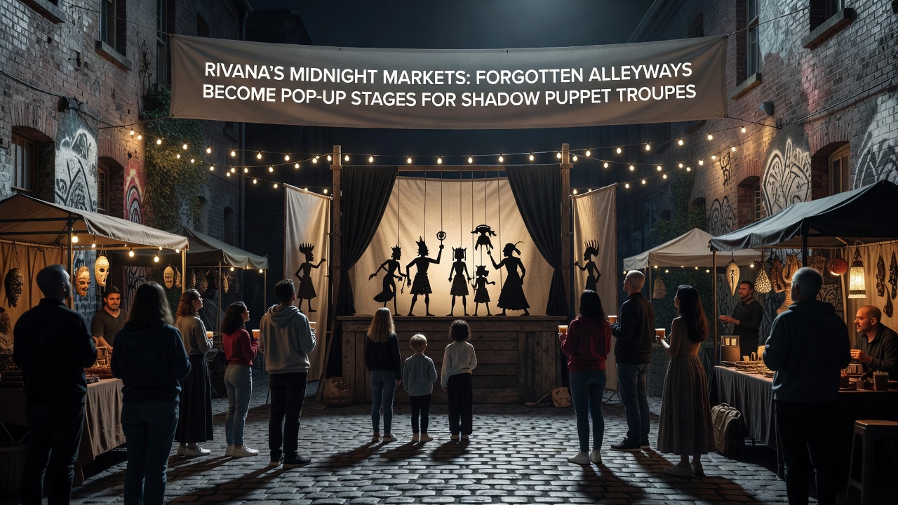Shadow puppet performance underway in a Rivana alleyway with audience seated along both sides and vendors visible in background